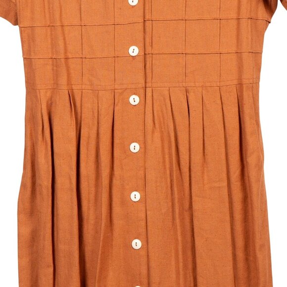 VTG Linen Shirt Dress 10 Burnt Orange Brown Modest Button Up SS Collar Tie Back - Picture 3 of 6